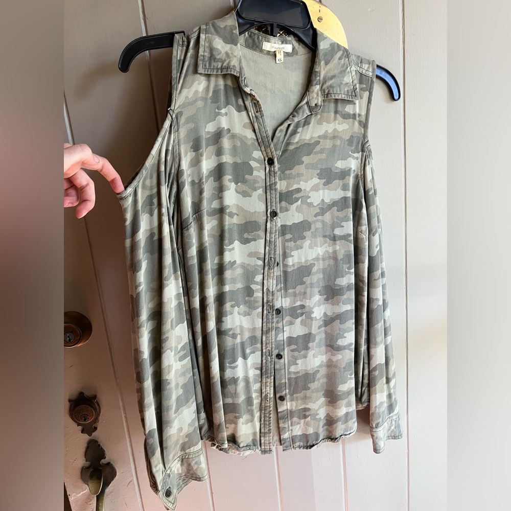 Camo cold shoulder button down